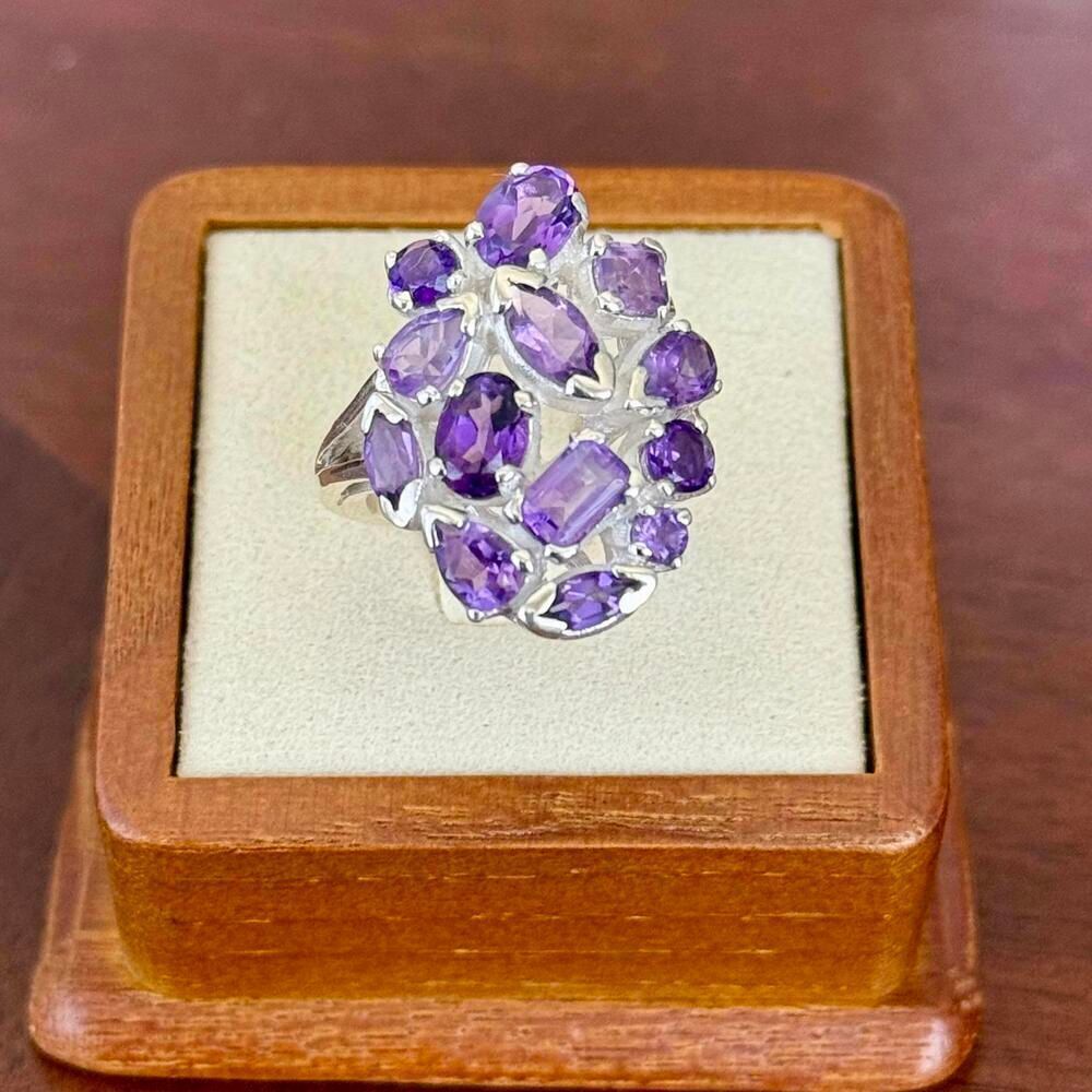 Stunning Genuine Amethyst Cluster Statements Cocktail Ring